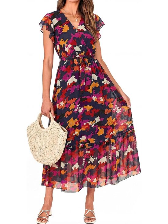 Dresses & Skirts - Women's Blue Orange Flower Classic V Neck Casual Sleeveless Pull On Midi Dress